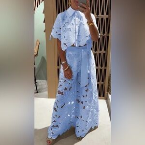 BLUE MARINE Chic Light Blue Floral Lace Skirt Set